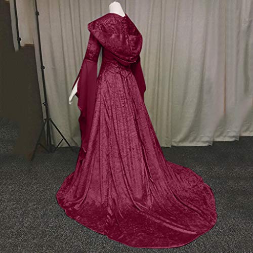 Renaissance Masquerade Cape Dress, Women Vintage Medieval Plus Size Hooded Cloaks Dress Halloween Cosplay Dress Wine #TOP3