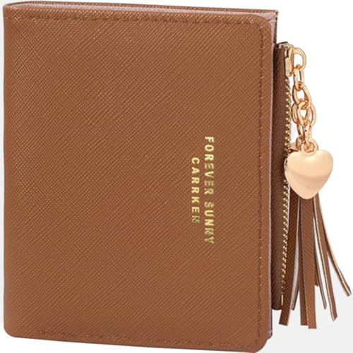 Image of KOTORA Womens Small Wallet Girls Tiny Slim Wallets Pretty Mini Card Holder Thin Short Zip Coin Purse with Love Pendant and Tassels (Brown)