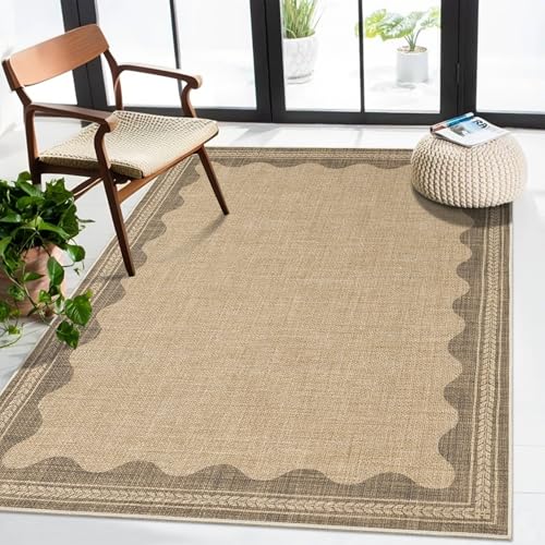 Image of Easy Jute Rug 3x5 Outdoor Rug Scalloped Washable Rugs for Entryway Non Slip Neutral Farmhouse Indoor Outdoor Carpet for Backyard Patio Office