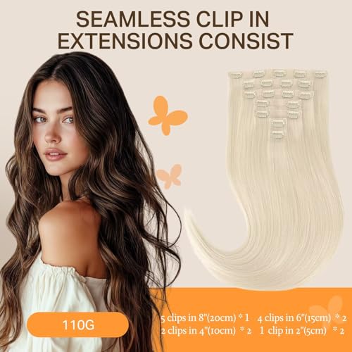Image of DOORES Seamless Clip-In Hair Extensions, Real Human Hair, Platinum Blonde, 18 Inch, 7pcs, 110g, Straight, Invisi Edge