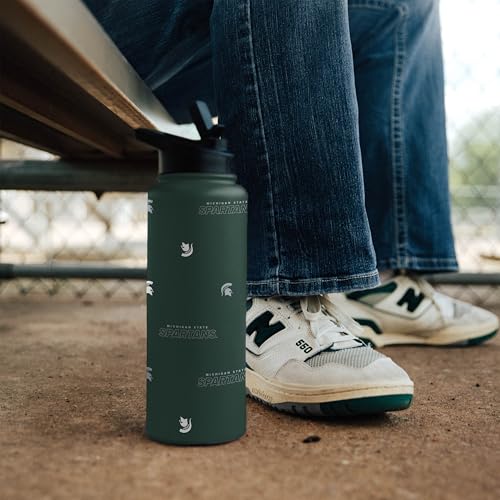 Image of Logo Brands NCAA Michigan State Spartans Step & Repeat 34 oz Stainless Steel Quencher Bottle - All Over Logo Design, No-Spill Lid, Easy Carry Handle - Keeps Drinks Cold For Hours