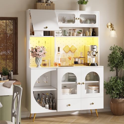 Ktipm Aparador Cocina Alto Armario Cocina con Enchufe y LED, Alacena de Cocina con Puerta Vidrio y Placa Orificio, Mueble Aparador con Portavaso y Cajón, Dispositivo Antivuelco, 120x40x176 cm, Blanco