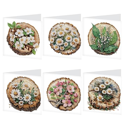 Image of 6 Pack Diamond Painting Greeting Card Kits with Envelopes, 5D Handmade Floral Wooden Slice Cards, DIY Crystal Rhinestone Diamond Art Cards for Christmas, Birthday, Thanksgiving, and Holidays