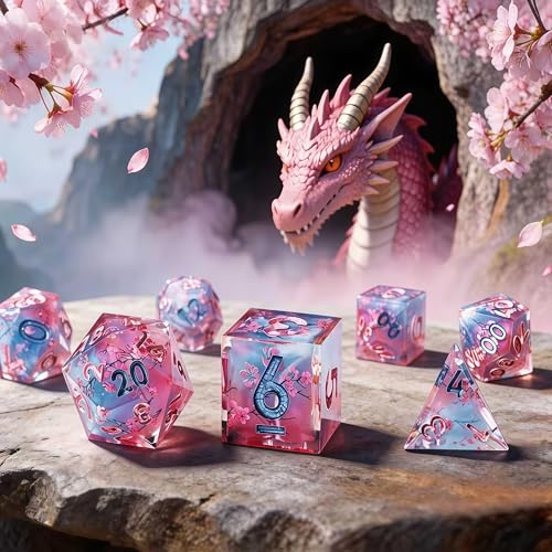 Mini Planet D&D Sharp Edge Polyhedral Liquid Core Cherry Blossom Dungeons and Dragons 7 Pcs Handmade Dice Set