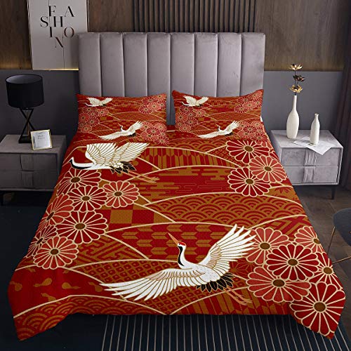 Erosebridal Japanese Crane Quilt Fish Scale Coverlet Set Dairy Blossom Floral Botanical Bedspread Japan Ukiyo-E Theme Bed Cover for Kids Boys Girls Women Twin Size Brushed Bedroom Décor Red