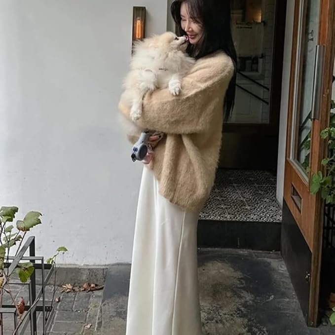 Image of Womens Fuzzy Sweaters Cardigan V-Neck Button Down Oversized Mohair Sweater Casual Y2k 2026 Fall Winter