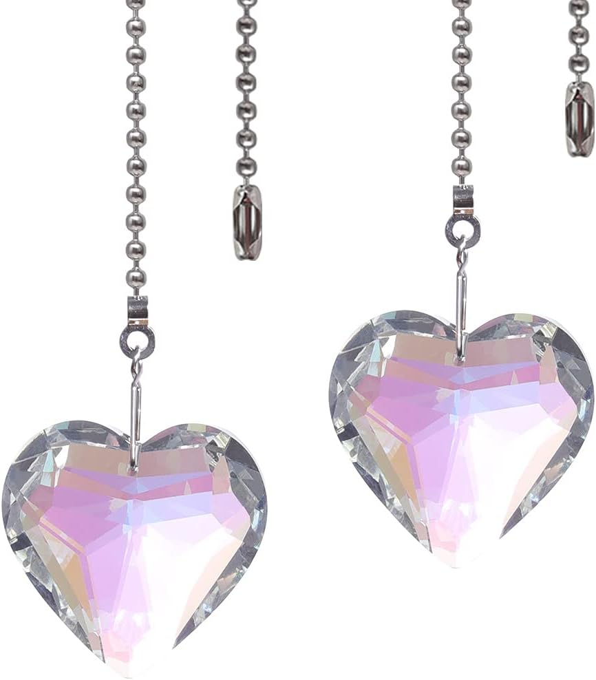 Ceiling Fan Pull Chains AB Coating Crystal Heart Ornaments 20 Inches Chain Pull Chain Connectors Decorative Extension for Ceiling Light Lamp Fan Chain 2 Pack