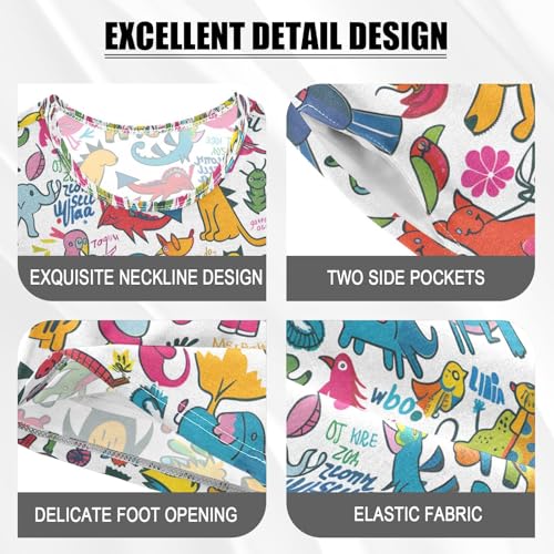 ALAZA Colorful Dinosaur Elephant Bird Pajamas Set Short Sleeve Cotton Sleepwear Summer Pjs 2 Piece 5-14Y4