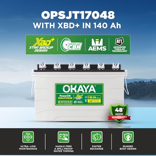 Image of OKAYA PowerON OPSJT17048 140Ah Super Jumbo Tubular Advanced Battery for Home, Office & Shops | Robust & Compact Design | Extra Backup Plus (XBD+ Technology) | 48 Months Total Warranty