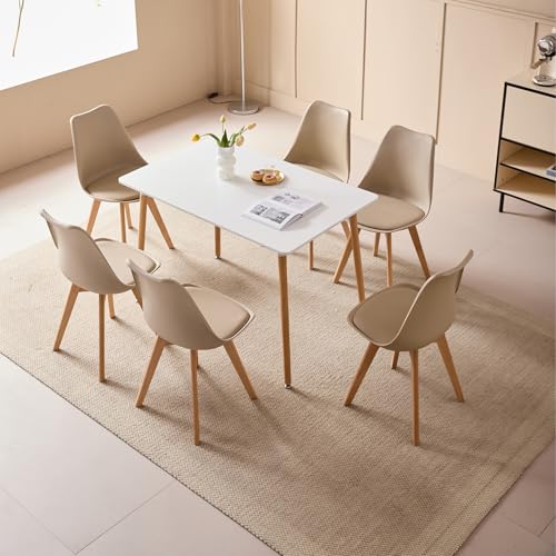 JZGORC Ensemble de Salle à Manger avec Table et 6 Chaises, 110 x 70 x 75 cm, Table Rectangulaire en Bois, 6 Chaises Scandinaves, Pieds en Métal, Kaki