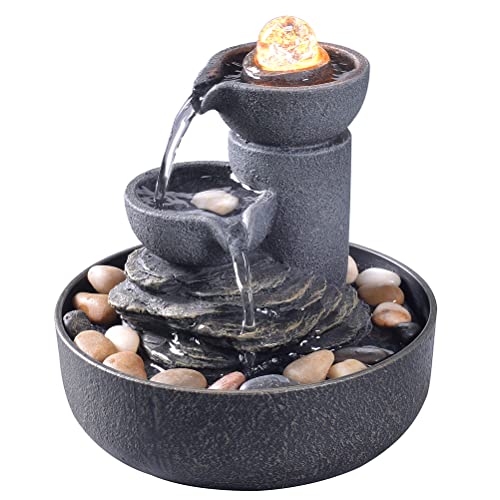 GOSSI Tabletop Fountain Indoor Fountain 2-Tiered Water Fountain Meditation Decorative Waterfall Fountain w/LED/Cobblestone/Glass Rolling Ball Soothing Sounds for Office and Home