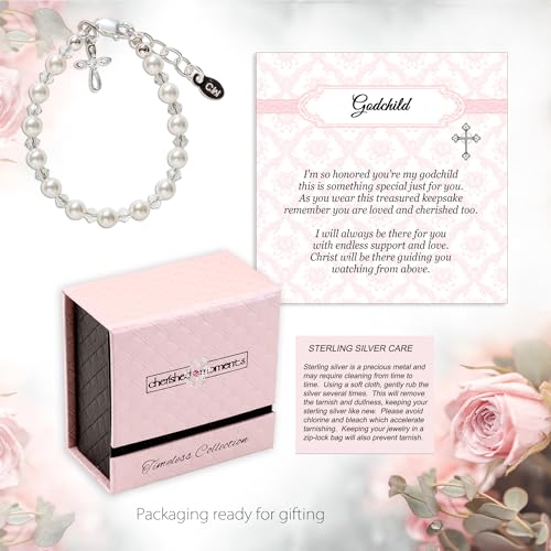Image of Cherished Moments .925 Sterling Silver Cross Bracelet with Simulated Pearls for Godchild, Baptism or First Communion Gift with Poem in Gift Box