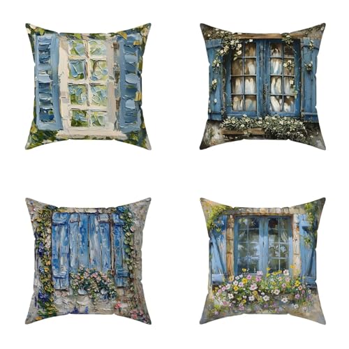 Cojin Exterior 80X80CM Juego de 4, Funda Cojín Color Cushion Covers Cortijo Impermeable Exterior Decoracion Lino Almohada Impresión HD a Doble Cara para Sofá Jardin Hogar Decorativos Regalo S-4VE91