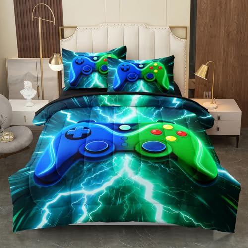 HICAND Gamer Full Bedding Sets for Boys Teen, 3 Pcs Full Size Gaming Comforter Set for Boys,Blue Green Lightnings Full Szie Bedding Set — view 3