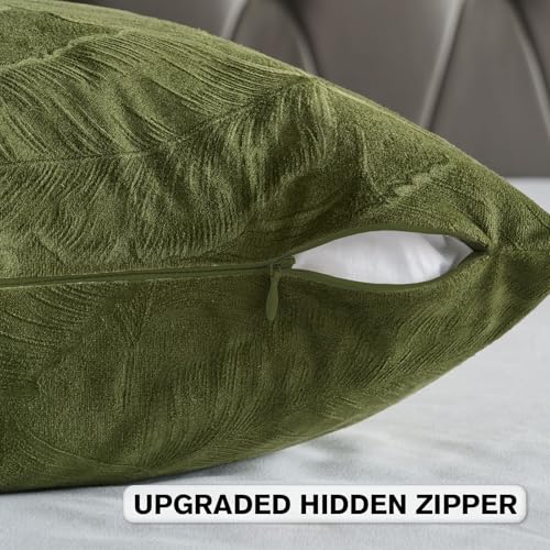 Image of FUTEI Pack of 2 Velvet Throw Pillow Covers 16x16 Inch Soft Embossed Leaf-Relief Textured Decorative Cushion Cases Modern Natural Farmhouse Accent for Couch Bed Living Room, Moss Green
