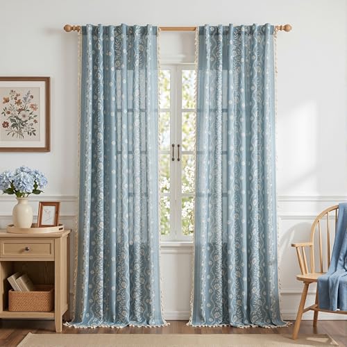 Image of MYSKY HOME Dusty Blue Boho Curtains 90 Inch Length Linen Blend for Bedroom | Light Filtering Farmhouse Bohemian Curtains for Living Room Semi Sheer Drapes with Beige Tassels Back Tab, 50 inch Wide, 2 Panels