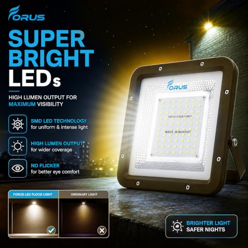 Image of Forus 50W LED Flood Light 4 Years Warranty, IP67 Waterproof Outdoor LED Floodlight, High Mast Focus Yellow Light, Energy Efficient Halogen Replacement for Factory, Garage, Parking, Garden (1 PC)