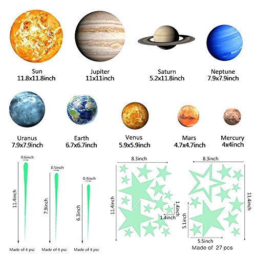 Estrelas e planetas que brilham no escuro, adesivos de parede do sistema solar brilhante - sol terra