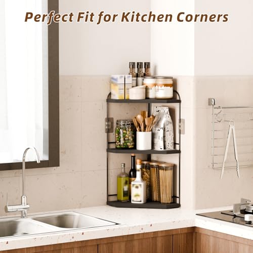 Image of Corner Bathroom Counter Organizer, 3-Tier Wood Countertop Organizer for Perfume, Makeup Storage, Skincare Organizers for Vanity, Counter Corner Shelf for Kitchen, Bathroom, Dresser (Black)