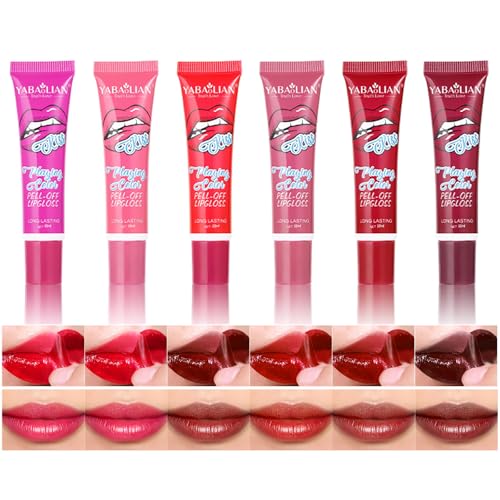Hinourisha 6PCS Lip Stain Peel Off Lip Tint Stain Set Matte Liquid Tattoo Lipstick Semi-permanent lip gloss Long Lasting Waterproof Non-Stick Cup Lip Gloss for Women Lip Makeup178