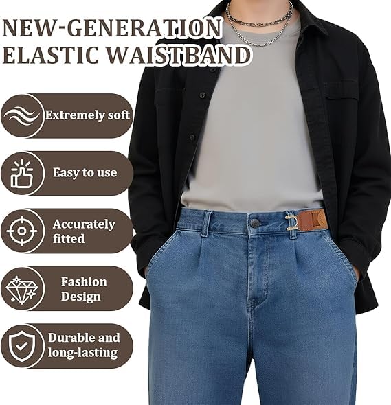 Image of NHCDFA 2PCS No Buckle Belt for Men, Buckle Free Belt with Adjustable Design for Daily Wear, Brown Letter Pattern Belt Extension Set of Two, Comfortable and Easy to Use Waistband