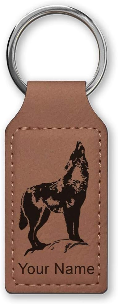 LaserGram Rectangle Keychain, Howling Wolf, Personalized Engraving Included (Dark Brown)