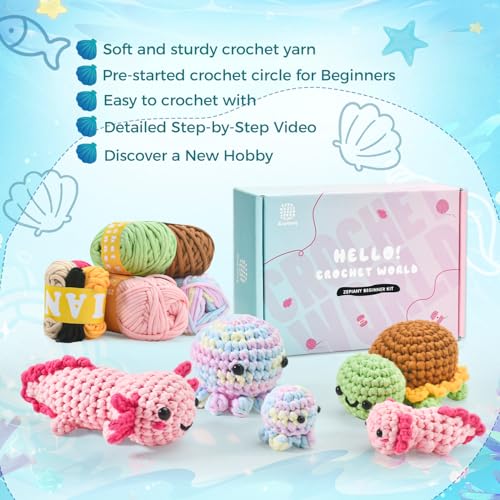 Image of Crochet Kit for Beginners, 5 Pack Amigurumi Beginner Crochet Kits Animals, Crochet Turtle Axolotl Octopus Crocheting Kit, Easy Knitting Kit for Beginners with Step-by-Step Video Craft Kits for Adults