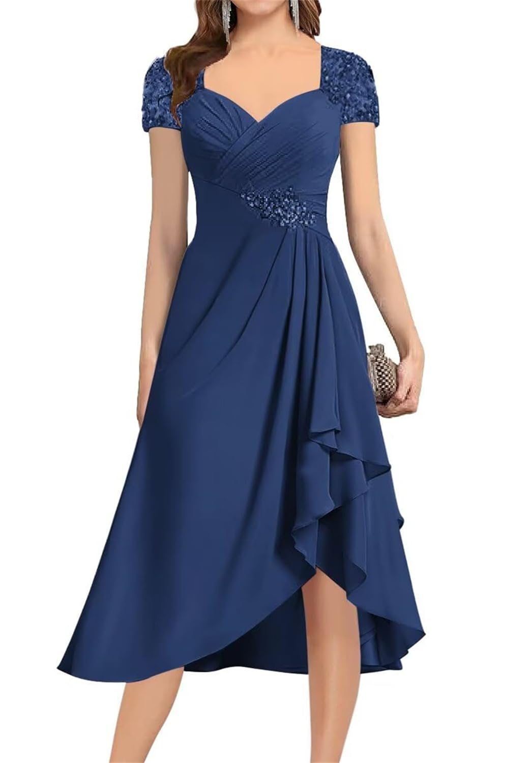 YIANN Navy Blue Mother of The Bride Dresses for Wedding Party Plus Size A Line Chiffon Tea Length Mother of Groom Dress UK26