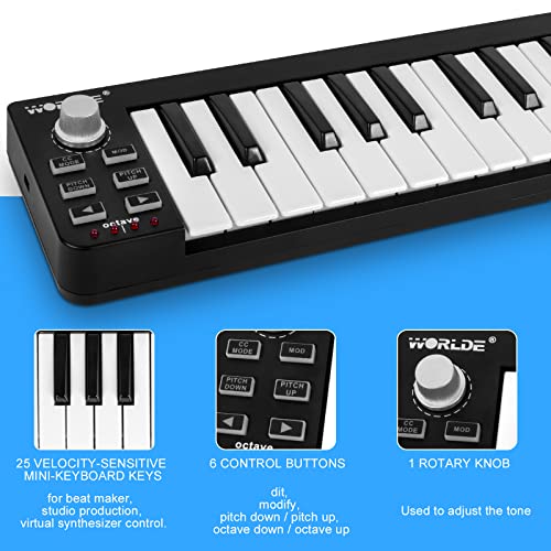 Midi Controller,Lotmusic Worlde Tuna Panda Mini 25 Keys Portable Usb Keyboard With 8 Rgb Backlit Colorful Drum Beat (Easykey.25, Black) #TOP2