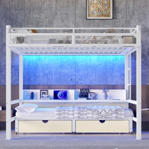 Bellemave Queen Over Queen Metal Bunk Bed with 2 Drawers, Shelves, LED Lights & USB Ports, the Lower Can be Converted into Sofa, Multifunctional Bunk Beds Frame for Kids Teens, White