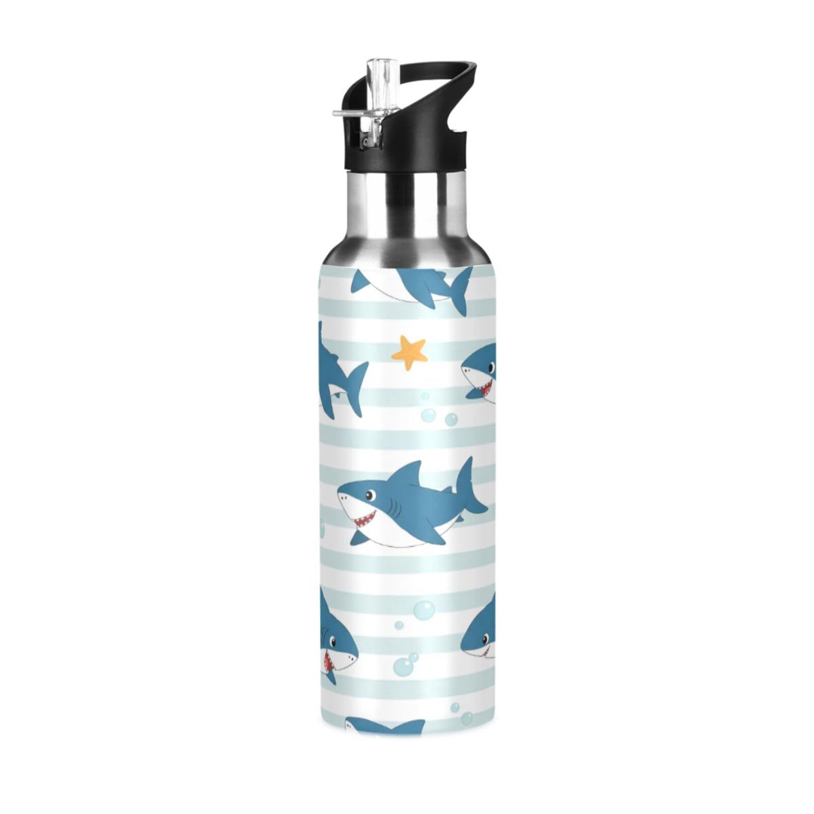 BOESI Striped Sharks Insulated Water Bottle 600ml, Stainless Steel Vacuum Sports Bottle with Straw, Leak Proof Thermal Bottle for Gym Travel Outdoor