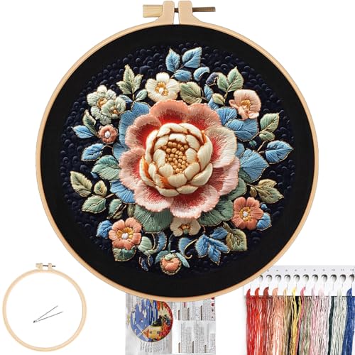 Image of FONNUY Floral Embroidery Kit, Cross Stitch Kits for Beginners, Handmade Crafts with Printed Patterns for Beginner Adults, Easy to Follow Color Thread Needlework, 8'' Hoop (Full Bloom)