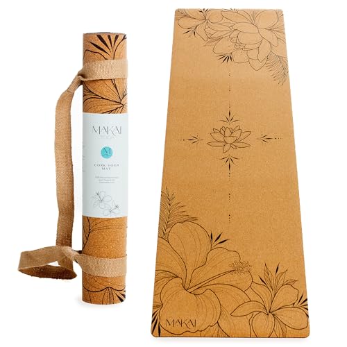 MAKAI Kork yogamatta | Miljövänlig 100 % naturlig kork och gummi | Premium 4 mm halkfri matta | Inkluderar hampbärrem | träning och pilatesmatta...