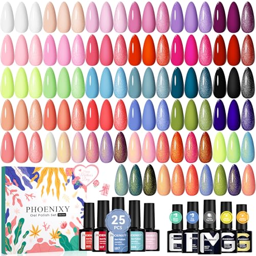 Phoenixy 30 Pcs Gel Nail Polish Set, 25 Colors Nail Polish Set with Pink Tangerine Orange Pink 5pcs Base Top Coat Nail Art Kit Gifts for Women