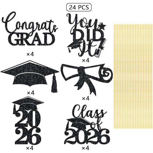 Image of Graduation Centerpiece Sticks 24PCS Glitter Grad Picks Party Table Decor Senior High School College Sign Black