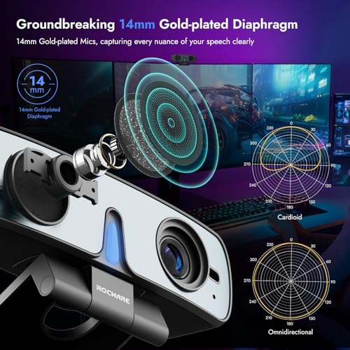 ROCWARE Webcam com microfone de gravação profissional, RC28 câmera de computador cardioide USB micro