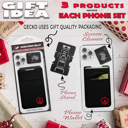 Image of Gecko Travel Tech Double Pocket - Adhesive Card Holder - Cell Phone Pouch - Stick on Spandex Pocket - Carry Credit Cards and Cash (PEACE)