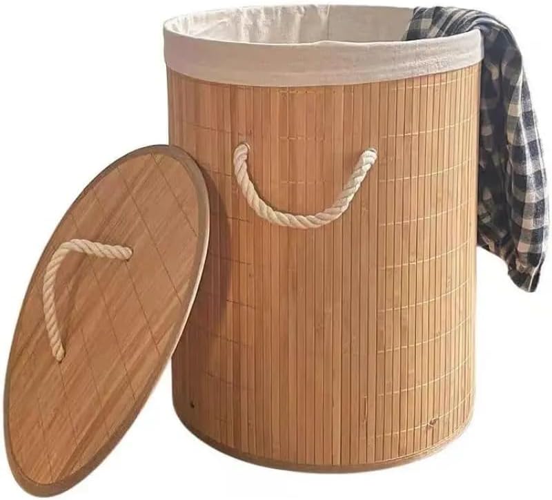 Cesto de Bambu Tampa Dobrável Forro Lavável Alças Organização Lav...