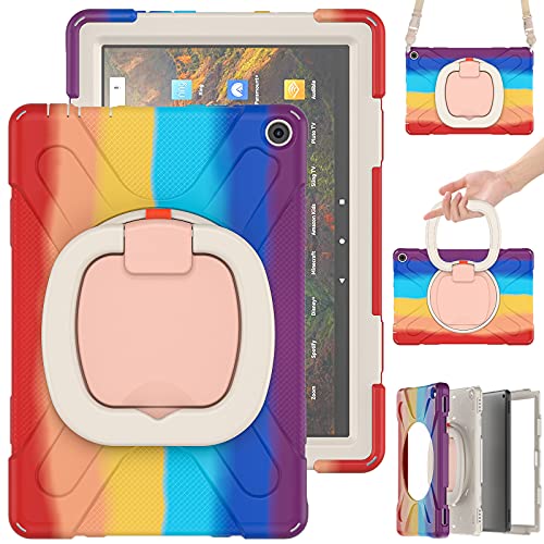 縦置き 横置き Fire HD 10 Plus/HD 10 2021 ケース 耐衝撃 360度旋回 Fire HD 10 プラス タブレット カバー 頑丈 ショルダーストラップ ハンドベルト 肩掛け 回転 PC シリコン ペンホルダー付き (Fire HD
