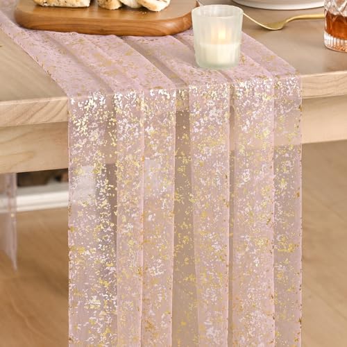 Artoid Mode 3PC Gold Gauze Pink Table Runner 120 Inch 10FT, Glitter Metallic Foil Sheer Dining Wedding Anniversary Holiday Birthday Table Decor for Home Party by Artoid Mode - Used condition - US$16.14