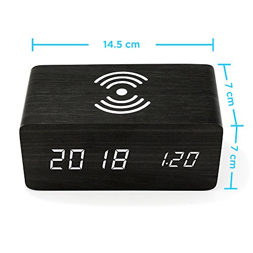 Oct17 Alarm Clock With Qi Wireless Charging Pad Compatible With Iphone Samsung Wood Led Digital Clock Sound Control Function, Time Date, Temperature Display For Bedroom Office Home - Black #TOP6