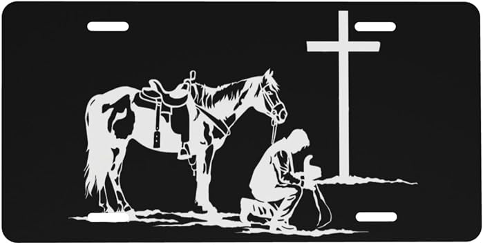 Cowboy Horse Cross Praying Front License Plate 6" * 12" for Women | Christian Car Vanity Plates Decorative Aluminum Metal Cute Novelty License Plate Cover for Men 4 Holes