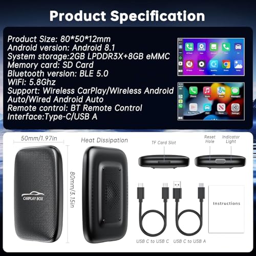 2026 New Wireless CarPlay Adapter Support Netflix/YouTube/TF, 5-in-1 Android Auto & Carplay Adapter with USB-A and USB-C Cables,Convert Wired to Wireless Apple Dongle, Video Box Car Play for iOS 10+