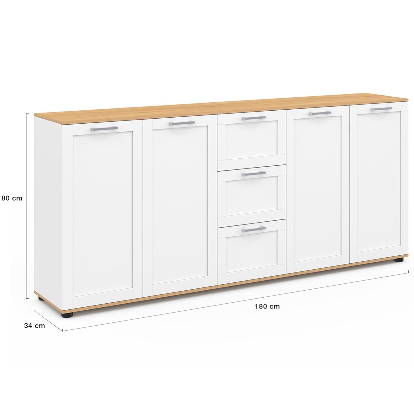 IDMarket VITO XXL - Aparador de 180 cm, 4 puertas con 3 cajones, madera y blanco