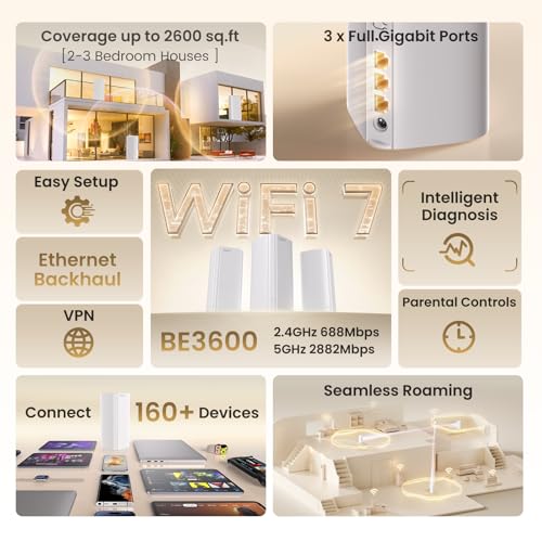 Image of Tenda WiFi 7 Mesh System BE3600 - Dual Band Mesh WiFi System for Home, Seamless Mesh Network with 3 Gigabit Ports, Supports 160+ Devices, MLO, VPN, 4K QAM, ME3 Pro (1-Pack)
