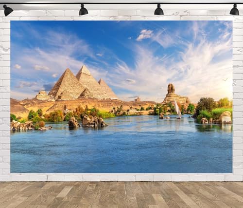 Loccor 7x5ft Fabric Egypt Nile River Backdrop Amazing Aswan City River Ancient Stone Sunset View Pyramids of Egypt Background Africa Egyptian Party Decorations Photo Props