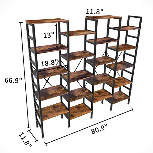 Lavievert Quadruple Wide 5-Tier Bookcase Etagere Large Open Bookshelf Rustic Industrial Style Shelves With Metal Frame & Vintage Wood For Home & Office - Rustic Brown #TOP2