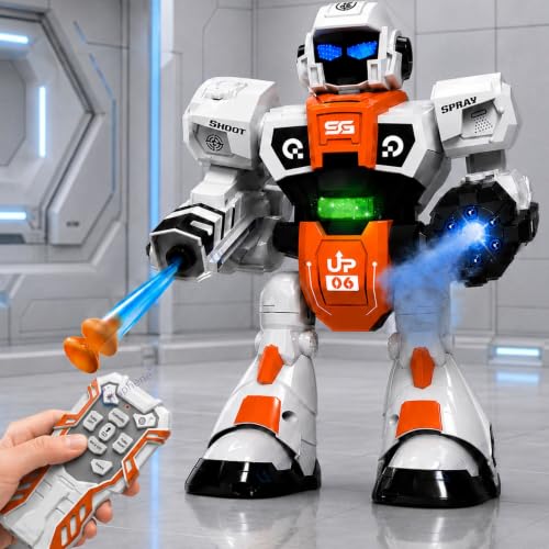 GRAPHENE Remote Control Robot Toy RC Smoke Toys Extra 500 BB Bullets Light Sound Music Dance Shooting Sticky Projectiles Educational Walking Automatic RC Robot Toy for Kids Boys Girls 5+ Years White