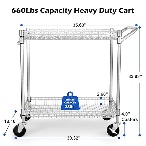 WDT 2 Tier Heavy Duty Utility Cart,NSF Rolling Carts with Wheels,660Lbs Capacity Storage Cart with Handle,Kitchen Cart on Wheels,Commercial Grade Metal Serving Cart with Shelves,35.63\"x18.1\"x 33.93\"