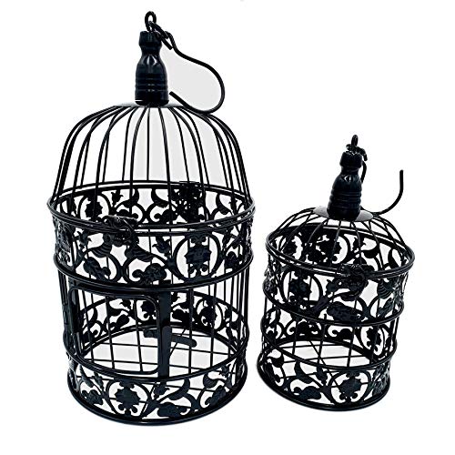 PET SHOW Pack of 2 Round Birdcages Decor Metal Wall Hanging Bird Cage for Small Birds Wedding Party Indoor Outdoor Decoration 9.8INCH and 13.8INCH Color Black White (Black)